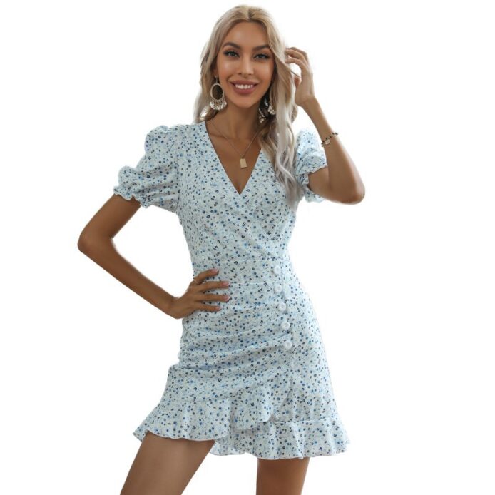 Short Sleeve V-neck Polka Dot Wrap Elegant Cute Dress