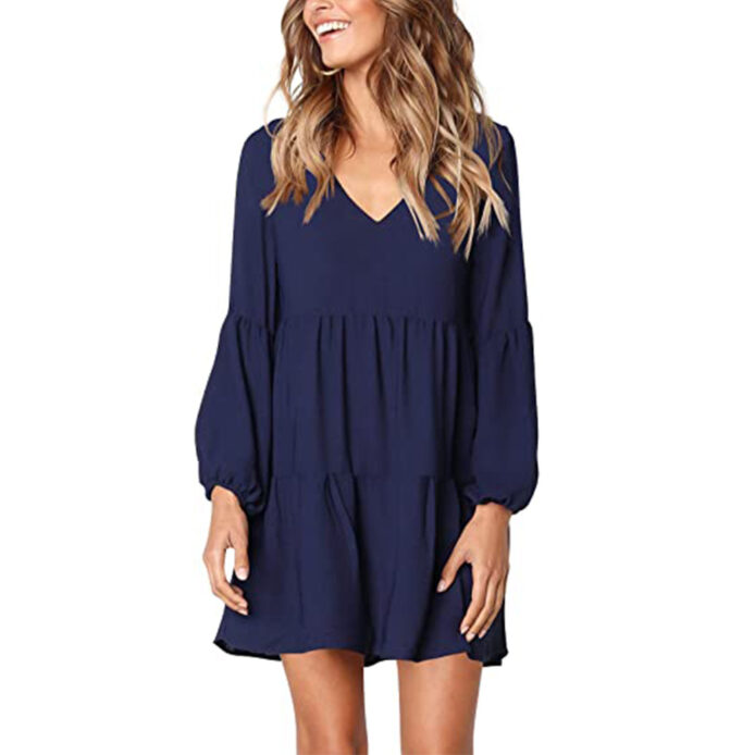 V neck lantern sleeve short casual dress women summer