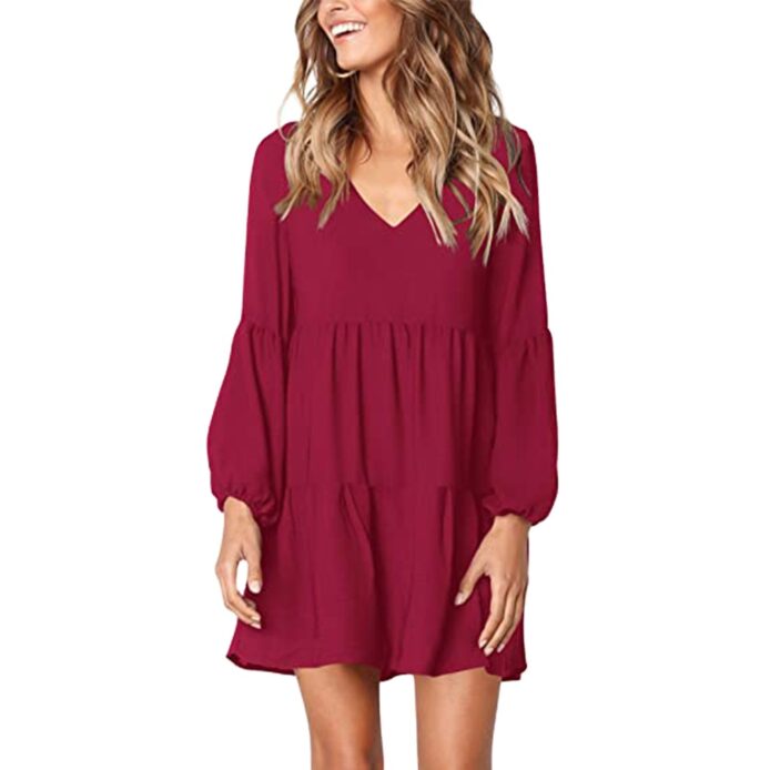 V neck lantern sleeve short casual dress women summer - Image 2