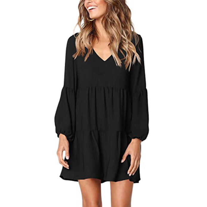 V neck lantern sleeve short casual dress women summer - Image 4