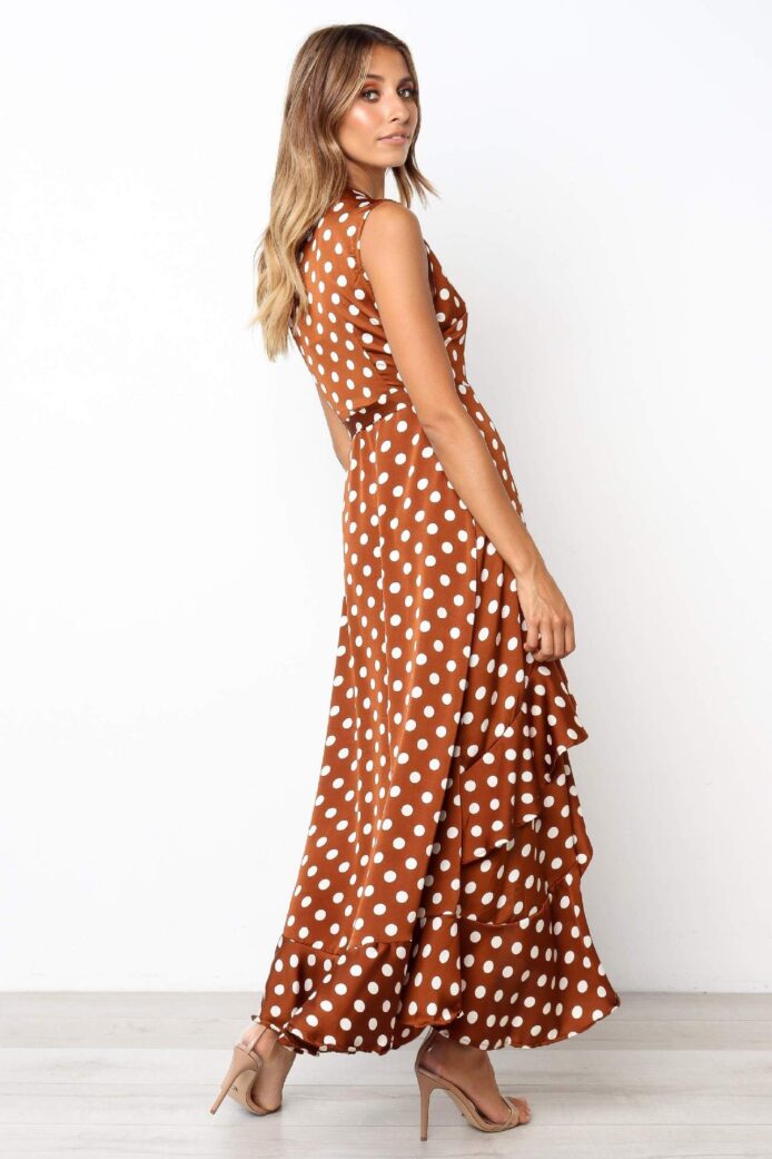 DOT V-neck Asymmetrical Long Sleeve Dresses with Ruffles Sashes - Image 3