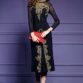 Elegant bodycon evening dress with gold embroidery and long sleeves - Image 2