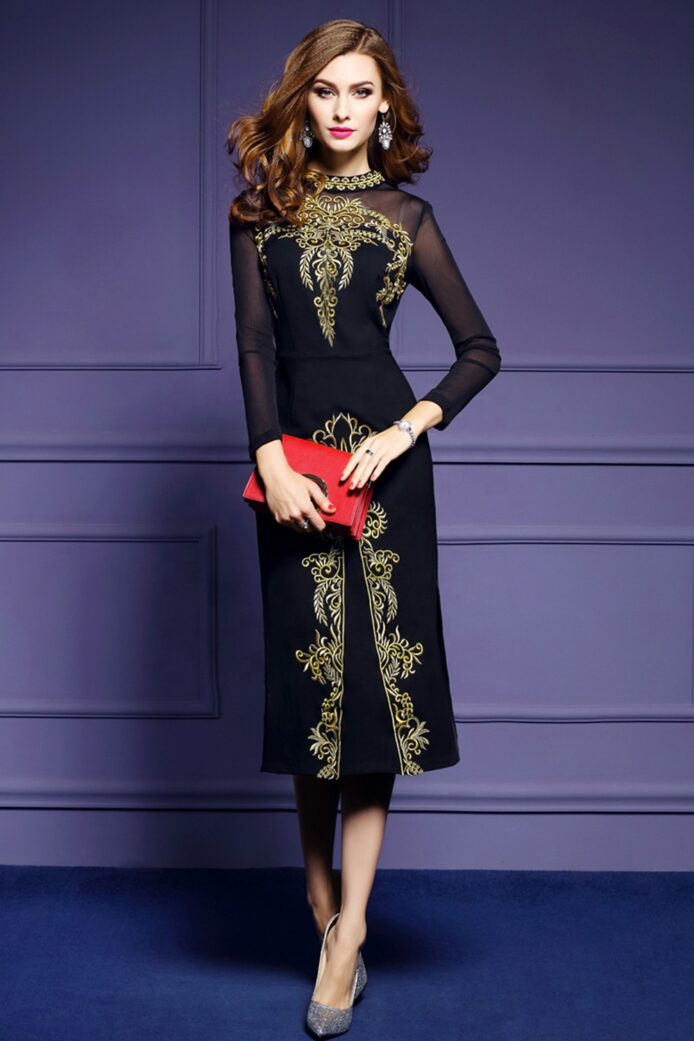 Elegant bodycon evening dress with gold embroidery and long sleeves - Image 2