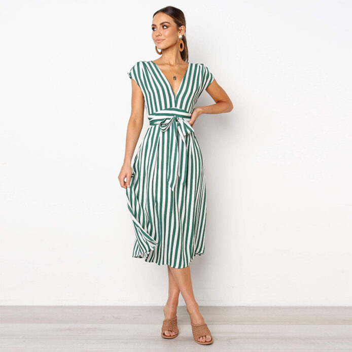 Striped V-neck Loose Sleeveless dress with Ruffles Sashes - Image 2