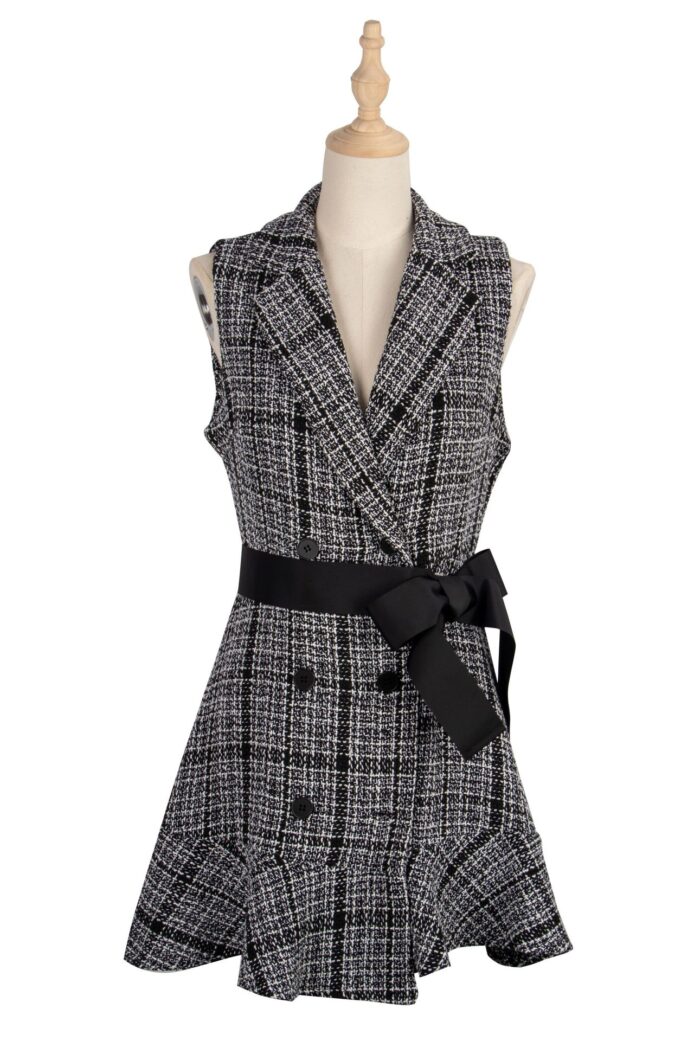 Argyle Turn-down Collar A-Line Sleeveless Skirt Dress - Image 4