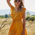 Slash neck Mini Short sleeve ruffle skirt dress