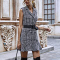 Argyle Turn-down Collar A-Line Sleeveless Skirt Dress