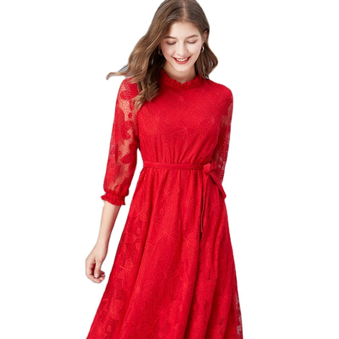 Pleated stretch midi dress summer women casual lace dress - Image 2