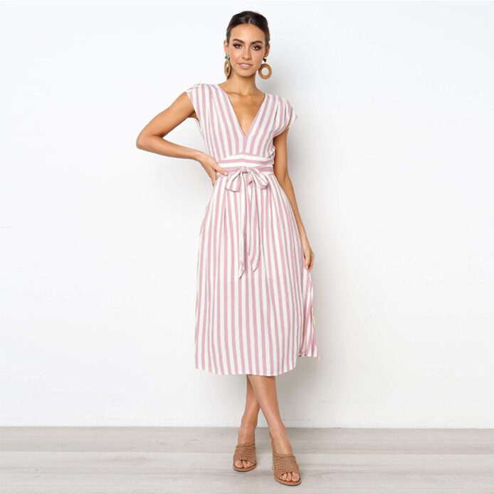 Striped V-neck Loose Sleeveless dress with Ruffles Sashes - Image 3