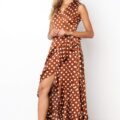 DOT V-neck Asymmetrical Long Sleeve Dresses with Ruffles Sashes - Image 4