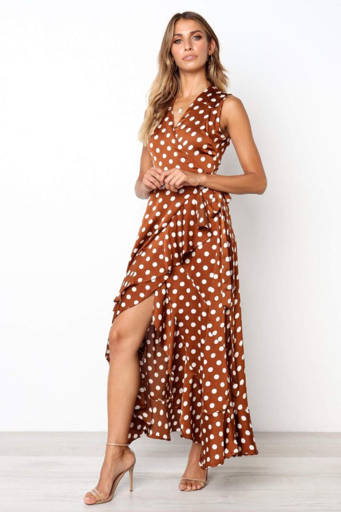 DOT V-neck Asymmetrical Long Sleeve Dresses with Ruffles Sashes - Image 4