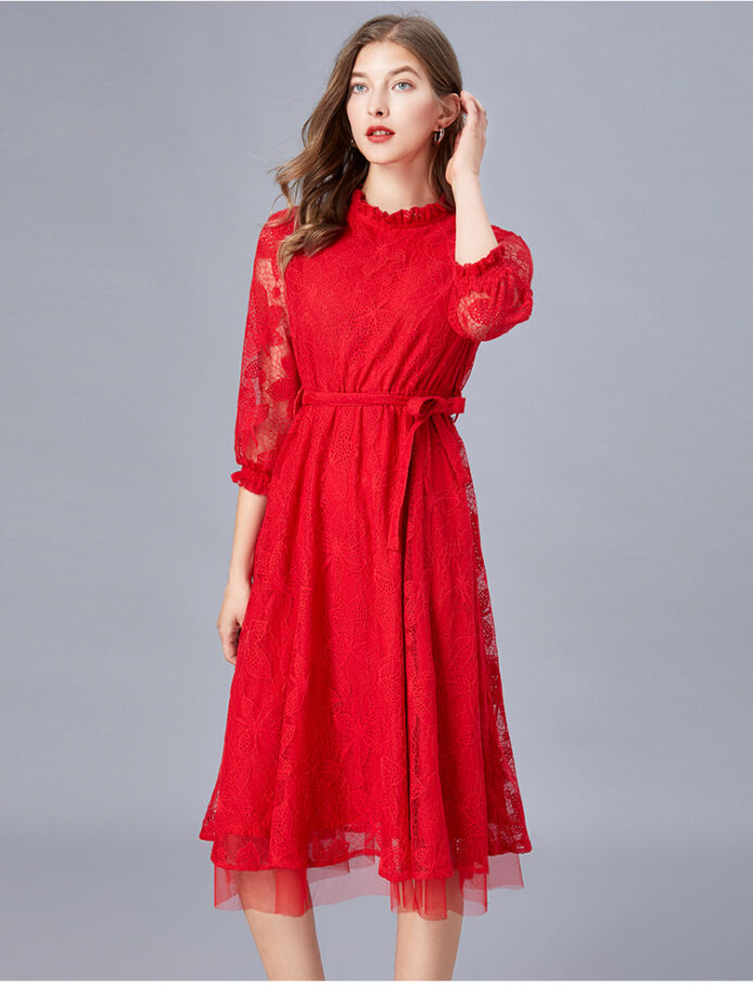 Pleated stretch midi dress summer women casual lace dress