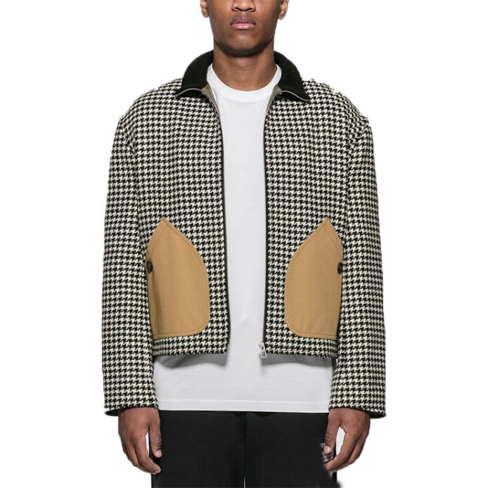 Front Zipper Patch Pocket Houndstooth Wool Jacket