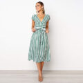Striped V-neck Loose Sleeveless dress with Ruffles Sashes