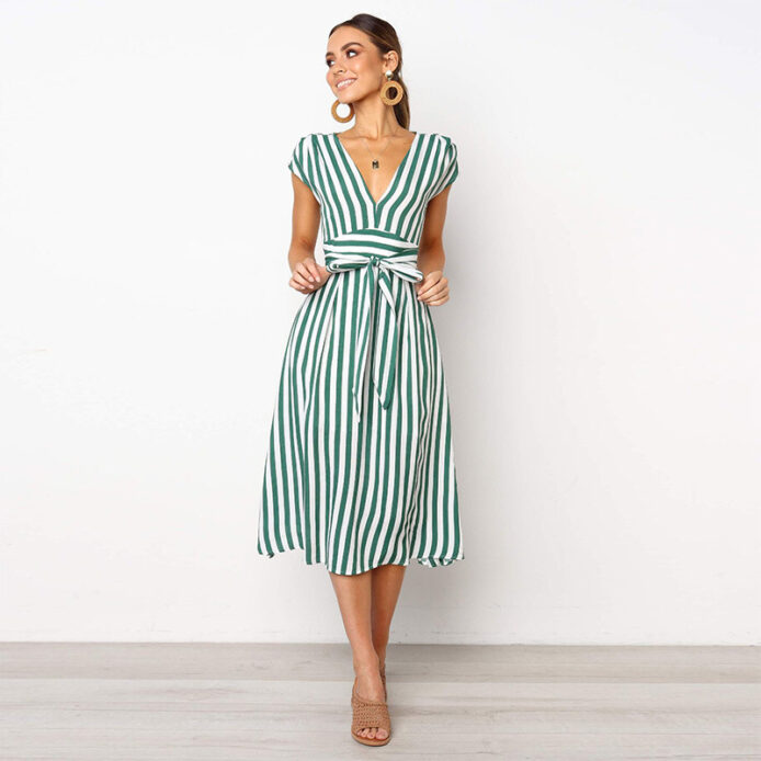 Striped V-neck Loose Sleeveless dress with Ruffles Sashes