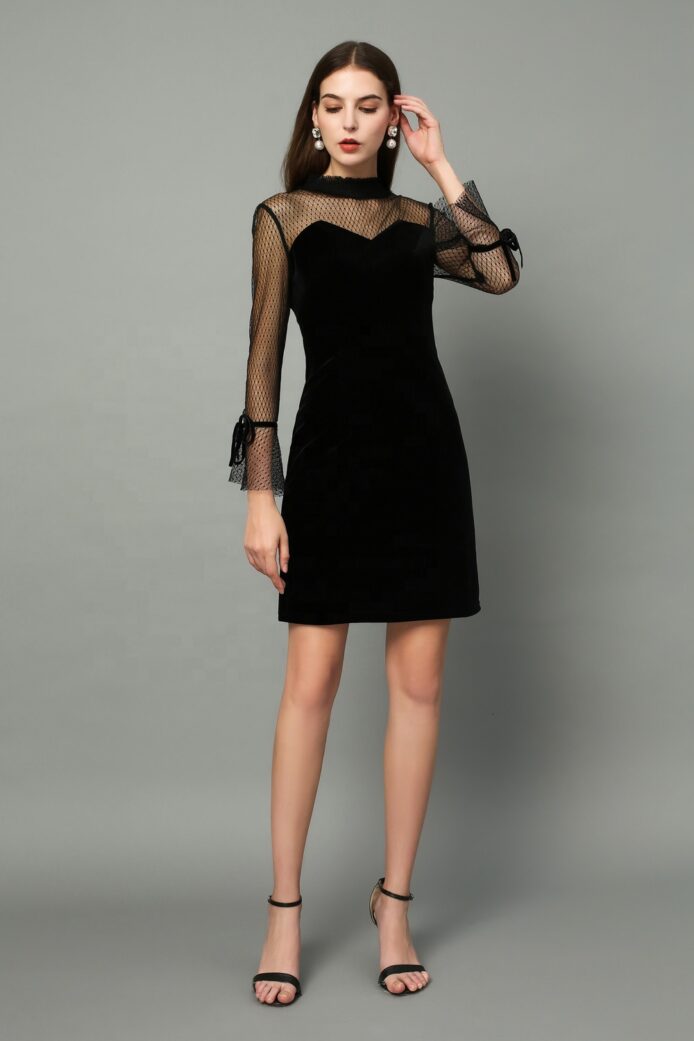 Evening Black Dress, Bodycon Silhouette, High Neck, Long Sleeves, - Image 2