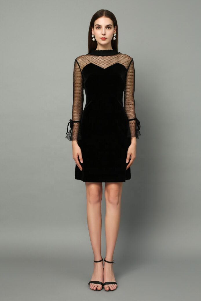 Evening Black Dress, Bodycon Silhouette, High Neck, Long Sleeves, - Image 3