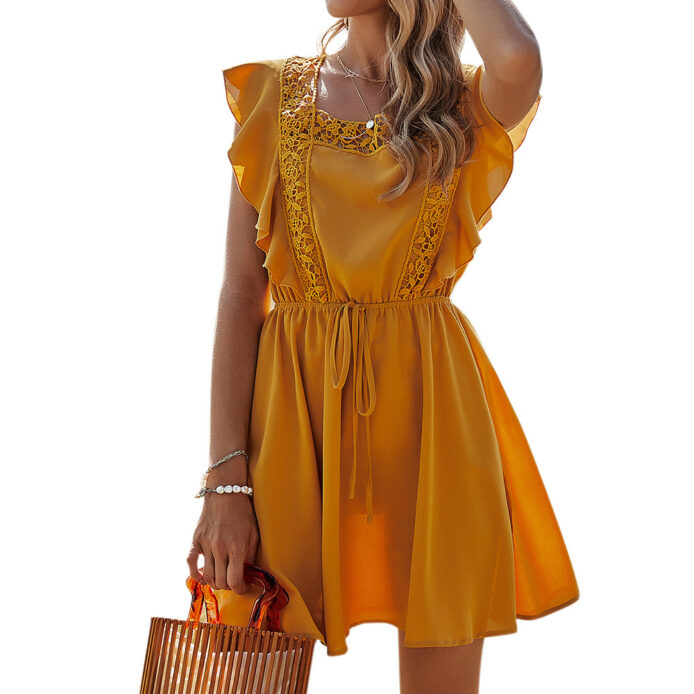 Slash neck Mini Short sleeve ruffle skirt dress - Image 3