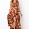DOT V-neck Asymmetrical Long Sleeve Dresses with Ruffles Sashes