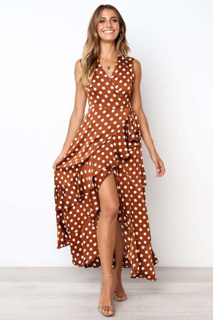 DOT V-neck Asymmetrical Long Sleeve Dresses with Ruffles Sashes