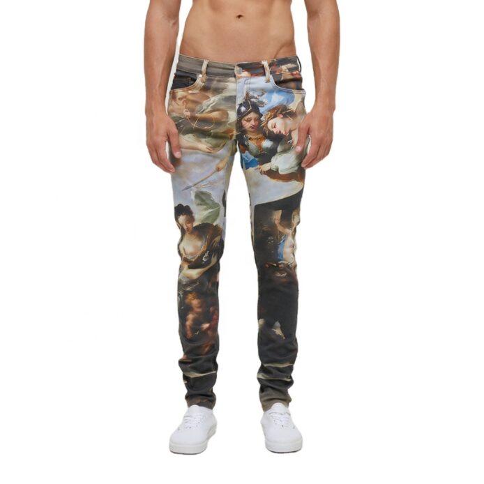 Custom Mens Digital Printed White 98%Cotton2%spandex Fade Jeans