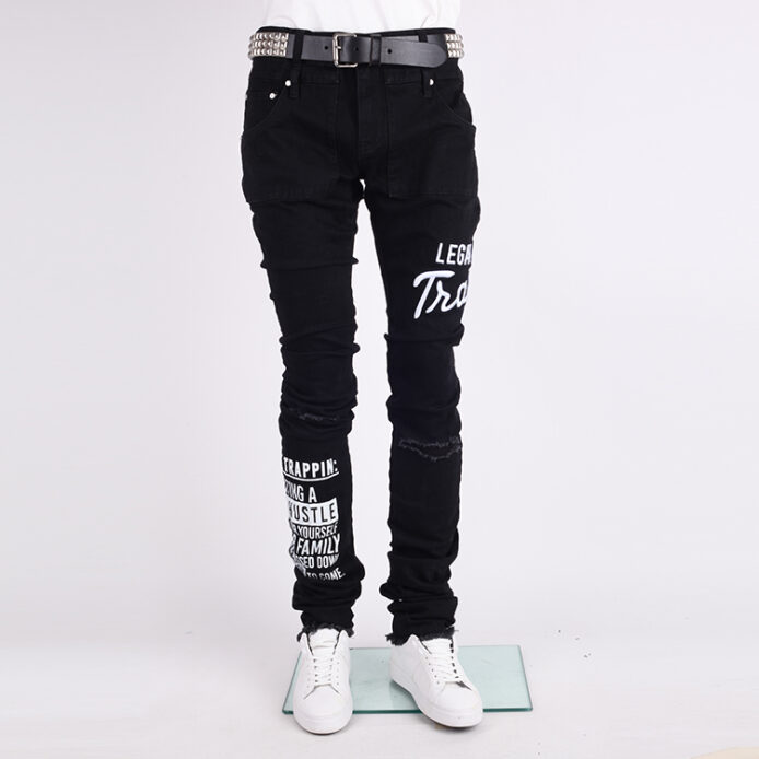 New fashion custom stacked emboridery black denim jeans printed jeans