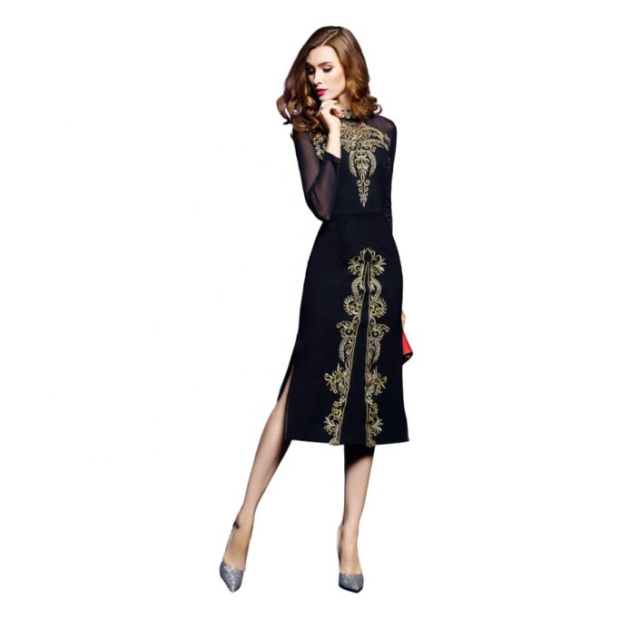 Elegant bodycon evening dress with gold embroidery and long sleeves