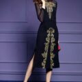 Elegant bodycon evening dress with gold embroidery and long sleeves - Image 4