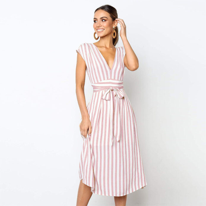 Striped V-neck Loose Sleeveless dress with Ruffles Sashes - Image 4