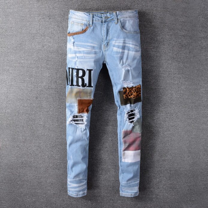 light blue slim fit patchwork embroidery stretch skinny jeans