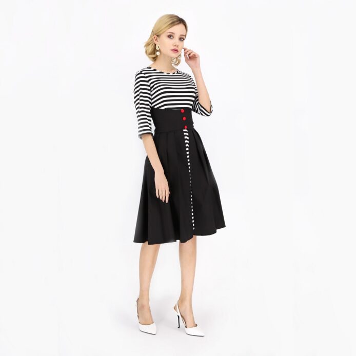 Three-quarter Sleeves O-neck Black Striped Buttoned Below knee - Image 2