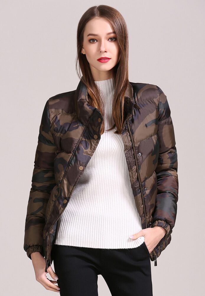 Long Sleeves Stand Collar Camouflage Printed Short Puffer Jacket - Image 2