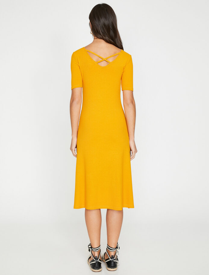 Neck Detailed Dress Mustard Short Sleeve Midi Dress Viscose - Image 3