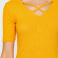 Neck Detailed Dress Mustard Short Sleeve Midi Dress Viscose - Image 2