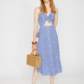 Check Dress Blue Boho Chic Spaghetti Strap Sleeveless Button Detailed