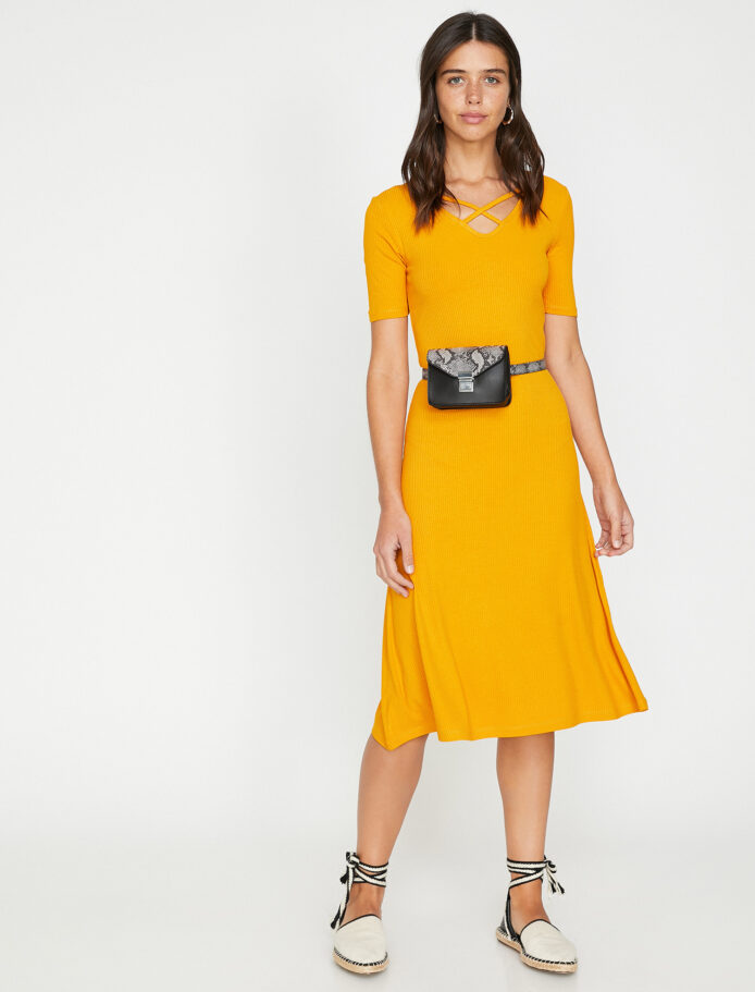 Neck Detailed Dress Mustard Short Sleeve Midi Dress Viscose