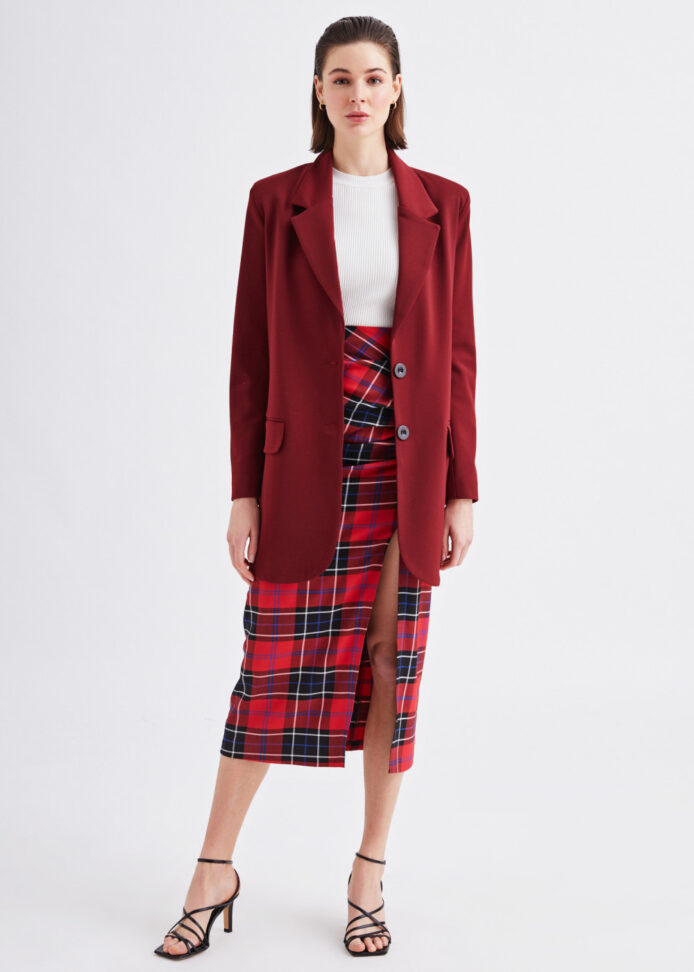 Side Split Pencil Red Hounds tooth Midi Skirt Office Classic