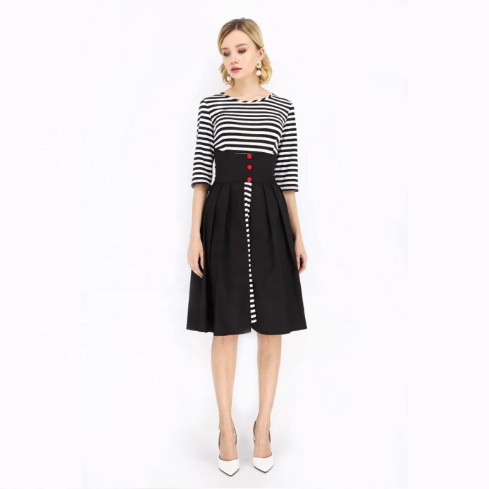 Three-quarter Sleeves O-neck Black Striped Buttoned Below knee - Image 4