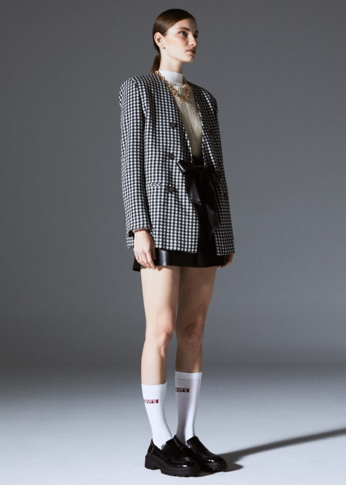 Oversize Houndstooth Fabric Buttoned Women Blazer Suit - Image 4