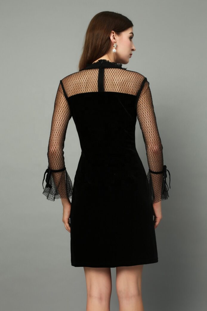 Evening Black Dress, Bodycon Silhouette, High Neck, Long Sleeves, - Image 4