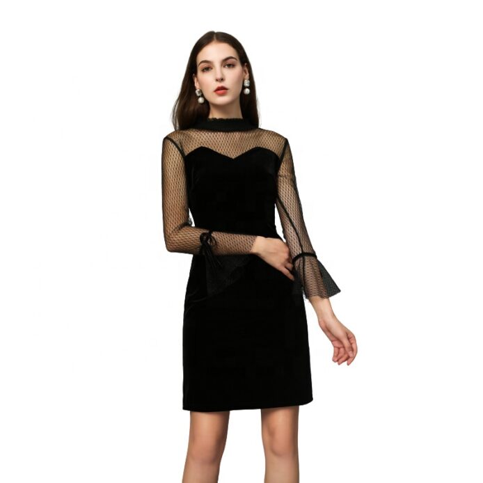 Evening Black Dress, Bodycon Silhouette, High Neck, Long Sleeves,