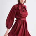 Red Long Puffy Sleeves Women Elegant Chic Satin Short Turtleneck - Image 5