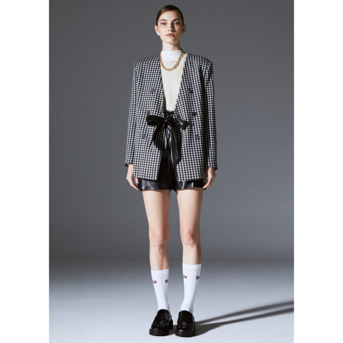 Oversize Houndstooth Fabric Buttoned Women Blazer Suit