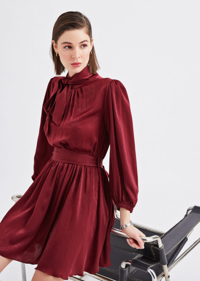 Red Long Puffy Sleeves Women Elegant Chic Satin Short Turtleneck - Image 4